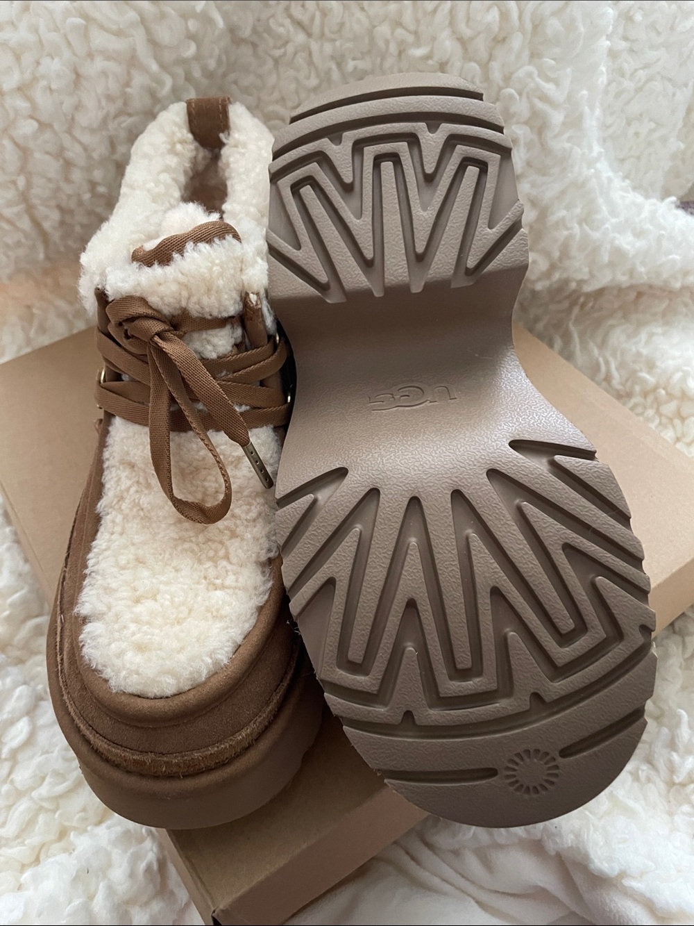 UGG Brown Suede Platform Ankle Boots with Cream Sherpa - Picture 3 of 4